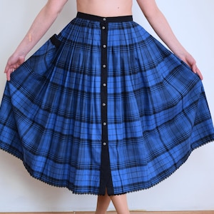 Vintage 90s blue and black dirndl skirt, check pattern cottage core skirt, below the knee folk skirt, high waist peasant skirt, 40 EU