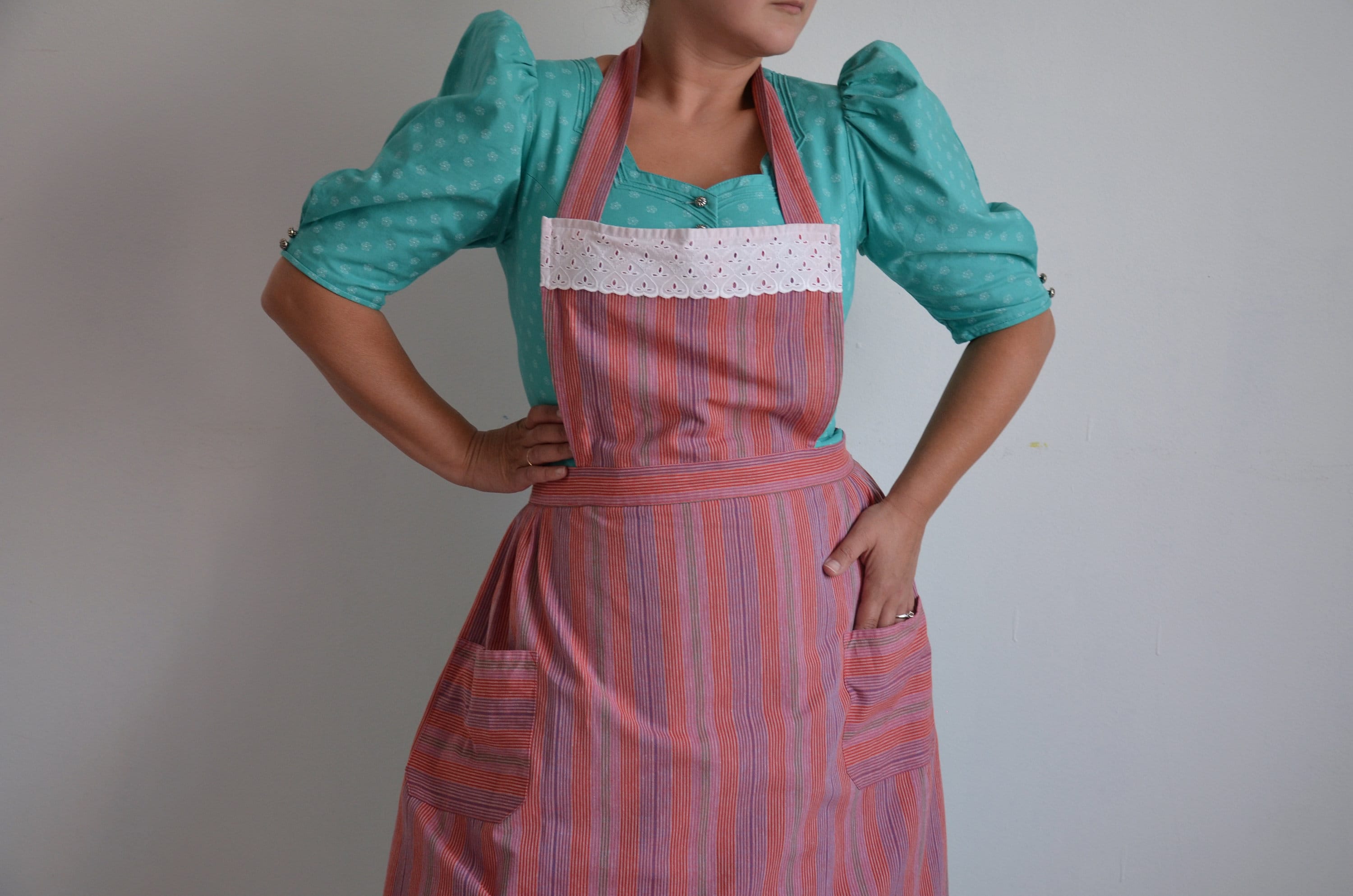 Vintage 80s Striped Cotton Apron: Lace Trim, Pockets - Etsy