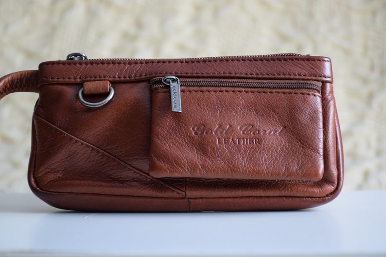 Vintage Y2K leather wristlet bag, cognac brown leather purse, small handbag or wrsitlet wallet zdjęcie 6