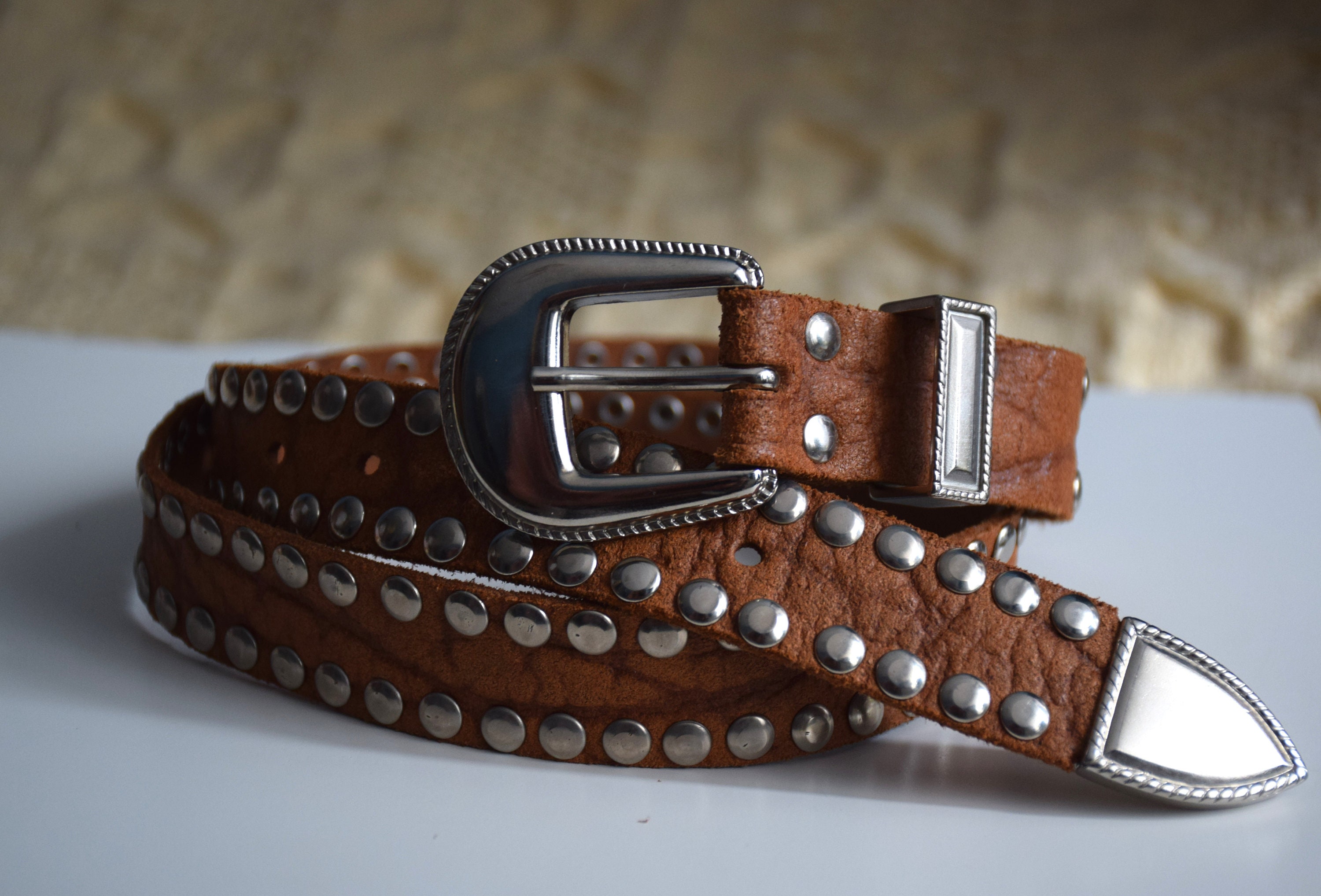 Vintage 90s Brown Leather Studded Belt With Silver Metal - Etsy