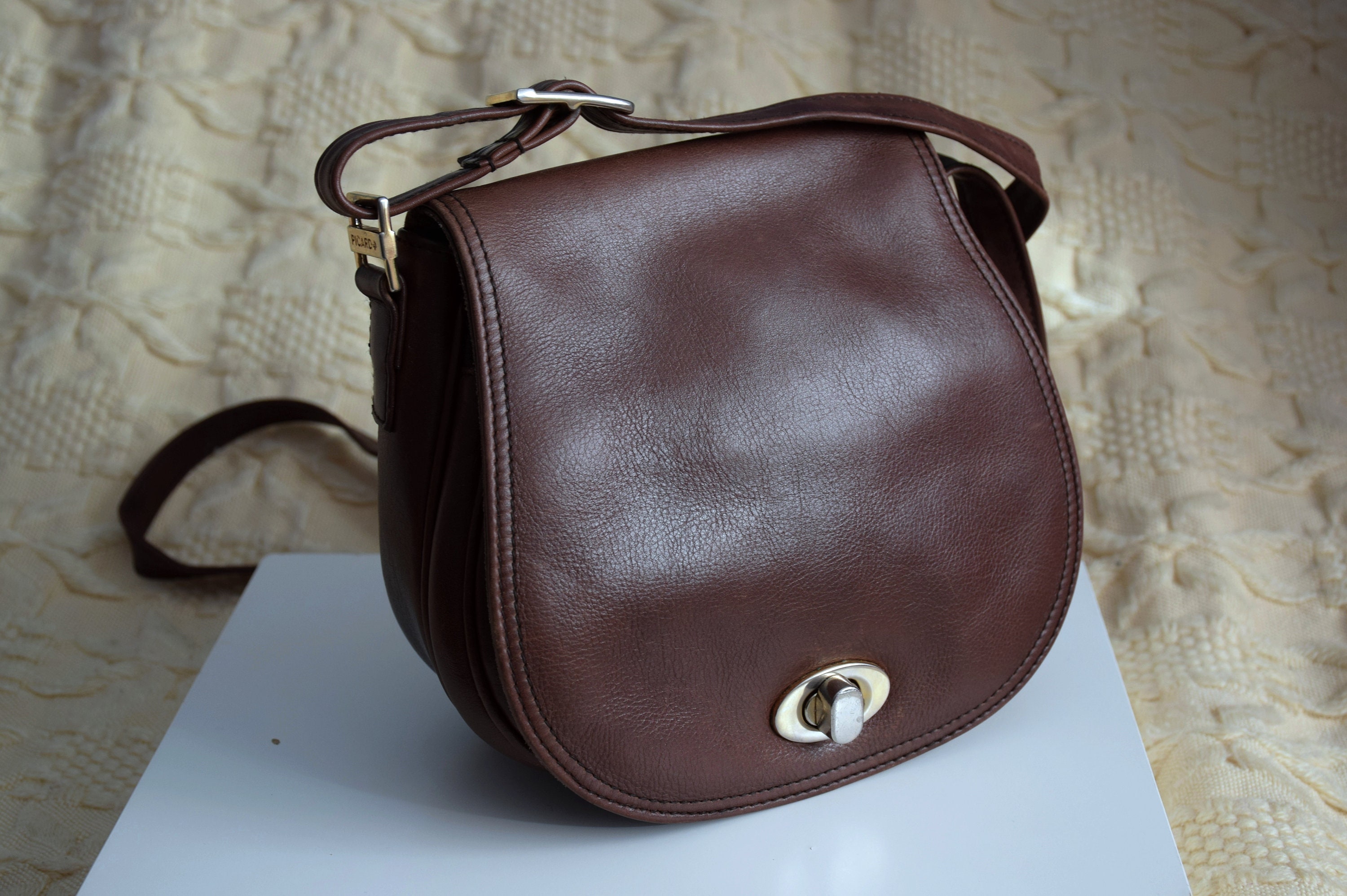 Vintage Picard Germany 14 Black/Green Print Leather Messenger Bag Handbag  Purse