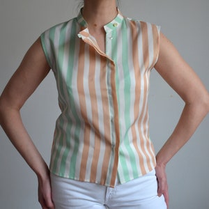 Vintage 90s sleeveless striped buttoned top, mint green beige and white high neck collar blouse, creamy women&#39;s summer blouse, S