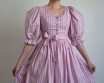 Vintage Pink Checkered Folk Dress: Austrian Trachten Oktoberfest (38 EU)