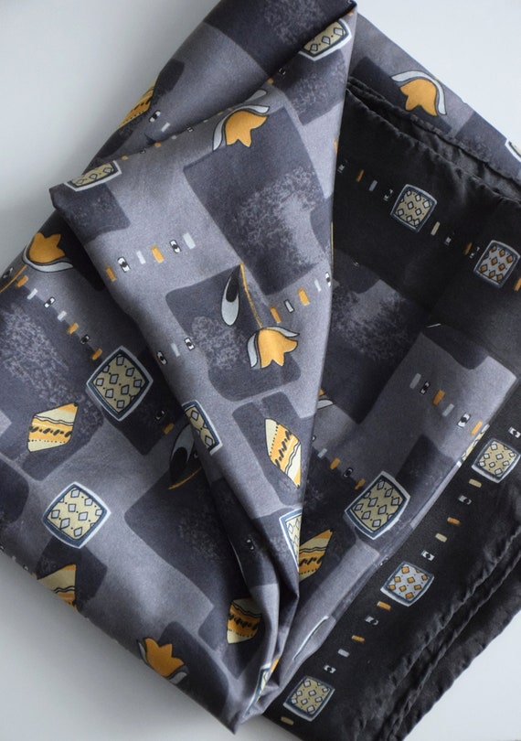 Vintage Y2K gray and yellow print silk scarf, abs… - image 9
