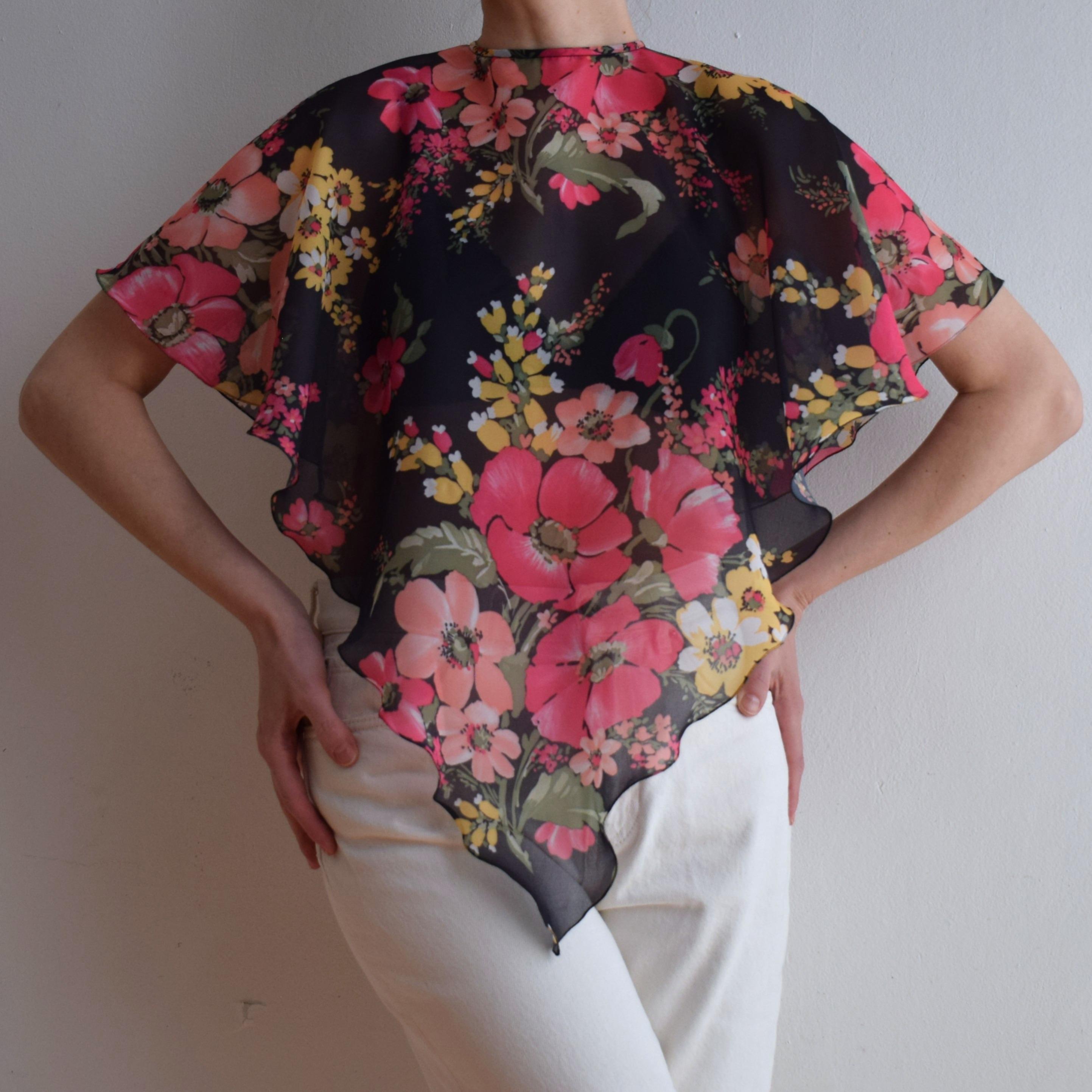 Vintage 70s Floral Chiffon Capelet or Collar Cape, Handkerchief-style ...