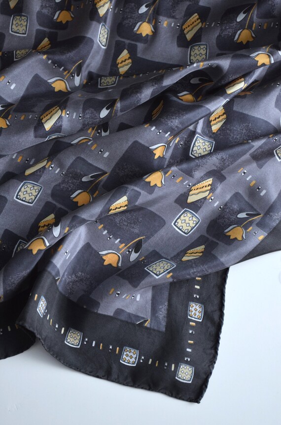 Vintage Y2K gray and yellow print silk scarf, abs… - image 4