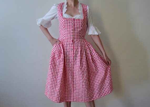 Vintage 90s Austrian folk dress, pink and white c… - image 4