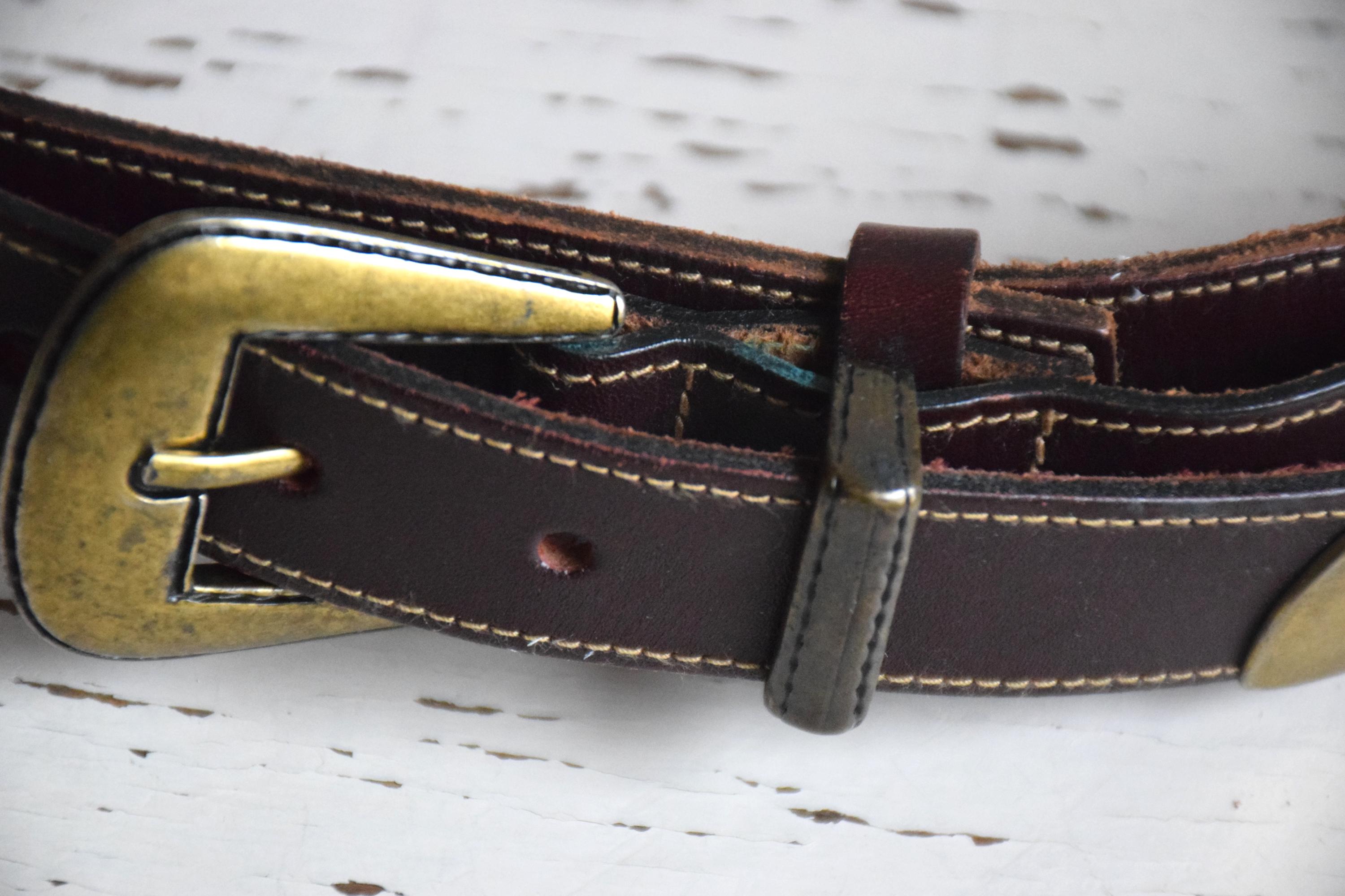 Vintage Burgundy Leather Western Belt: Brass Buckle, 80s/90s 