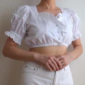 Vintage Cropped Dirndl Blouse: White Oktoberfest Top, Size 38 EU/8 US