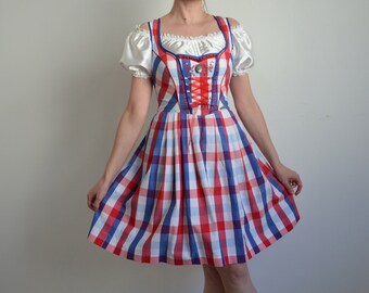 Vintage Checkered Dirndl Dress: Sleeveless Folk Corset, Size 36 EU