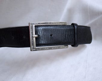 Vintage silver metal black belt made in Italy Vintage Black Leather Belt With Silver Buckle - Made in  main image 3
