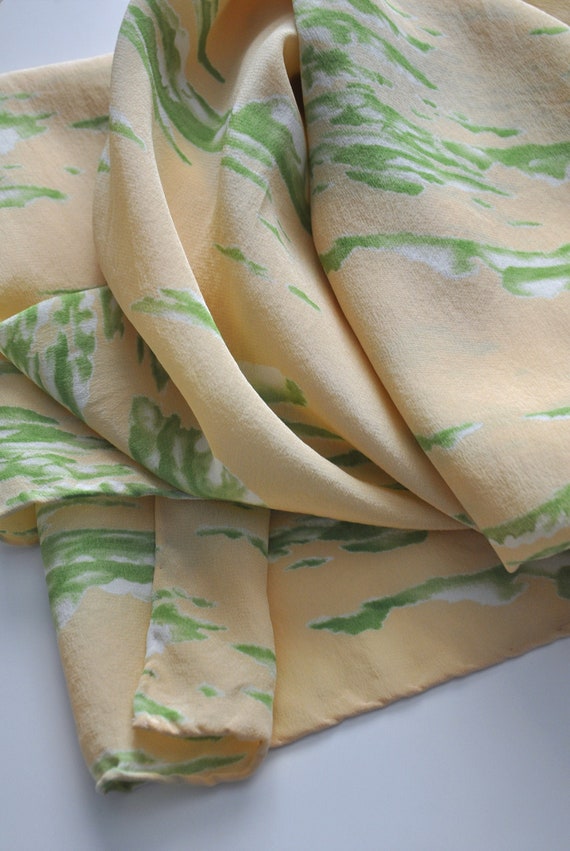 Vintage 90s print silk scarf, yellow sky and green