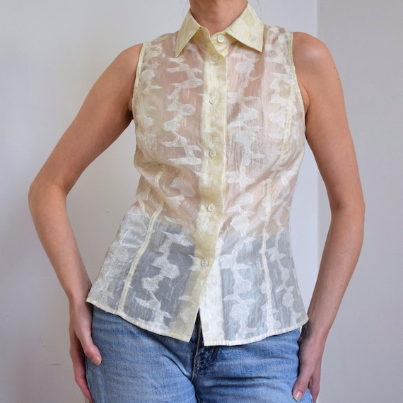 Byblos, Vintage 90s Byblos sheer mesh top, fitted sleeveless cream blouse with a collar, Champagne designer blouse, Made in Italy, S