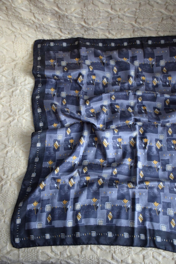 Vintage Y2K gray and yellow print silk scarf, abs… - image 2