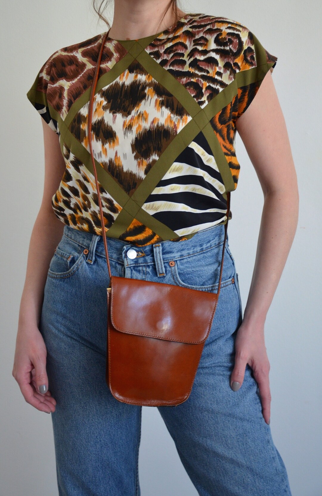 Vintage 90s Cognac Brown Leather Crossbody Bag, Small Brown Crossbody
