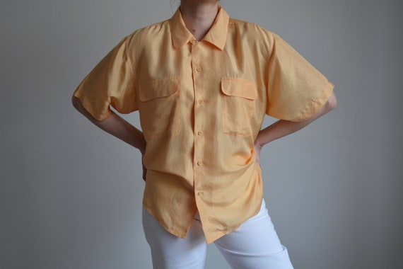 Vintage 90s salmon orange silk shirt, oversized p… - image 3