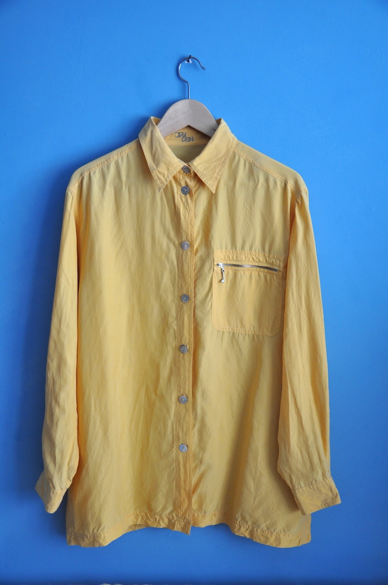 size L button up long sleeve blouse hipster top summer blouse Vintage 90s faded yellow oversized silk shirt preppy
