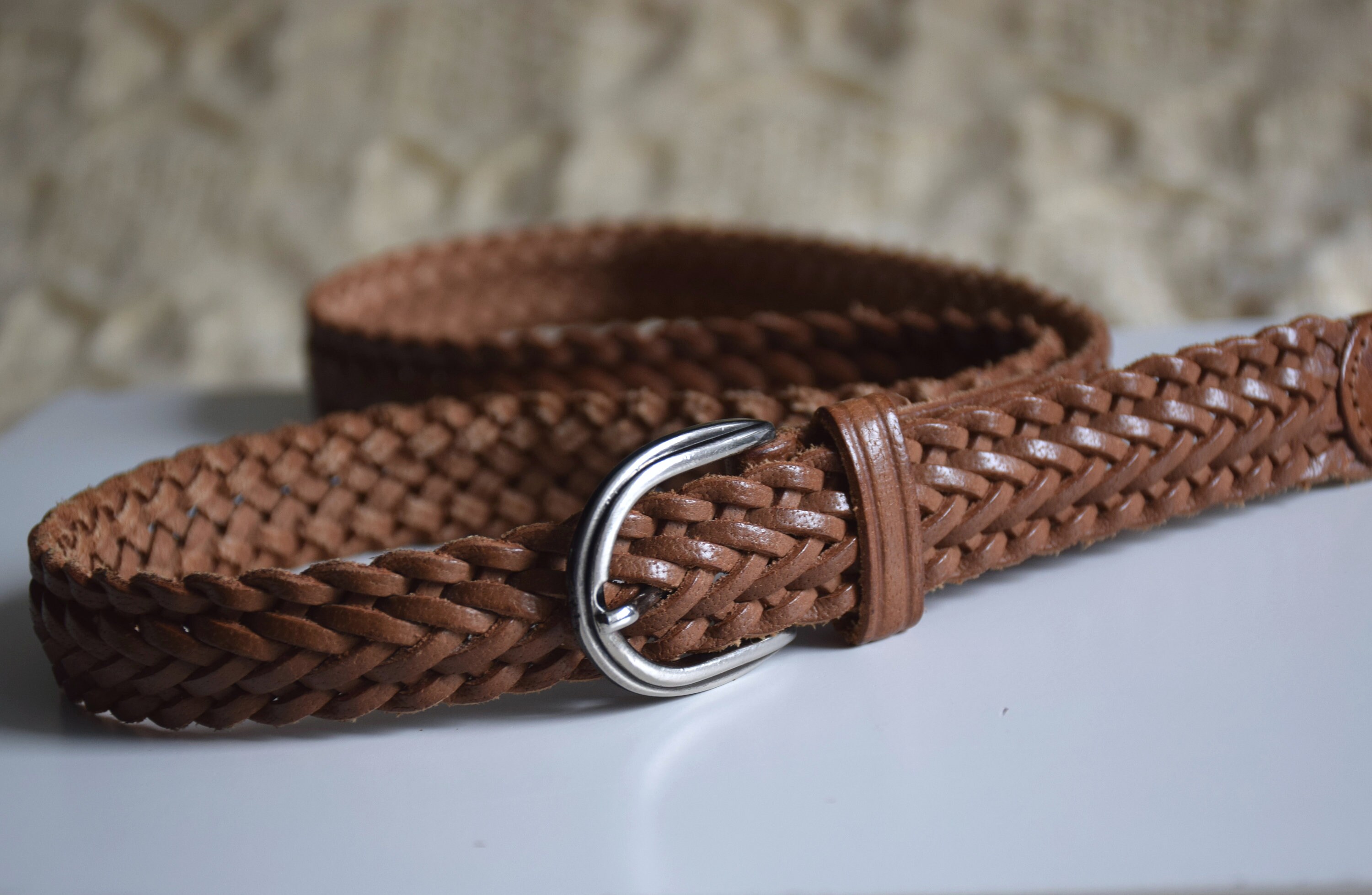Vintage Brown Tan Genuine Leather boho Hippie Retro woven Belt 70s 80s Wide Brown Tan Leather Cotton Rope Woven Belt  main image 3