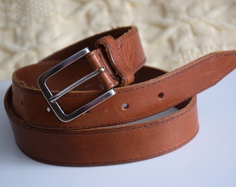 Vintage men's brown leather belt, high waist jeans belt, genuine leather belt with silver metal buckle, Made in Holland, 95 cm