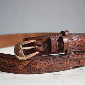 Vintage Tooled Leather Cowboy Belt: 90s Brown Floral Brass Buckle, Made in USA