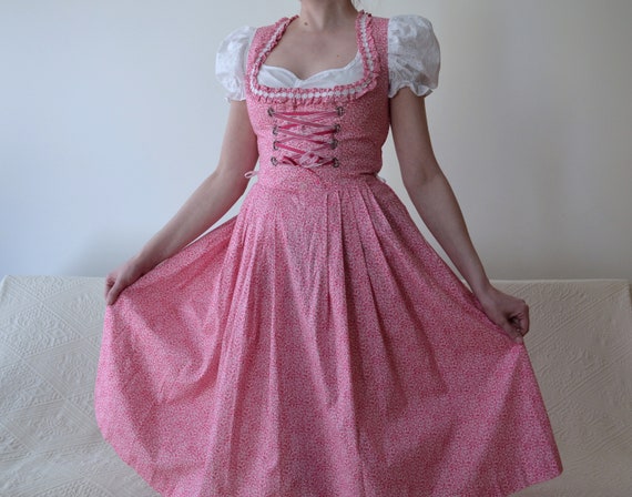 Vintage pink and white floral dirndl dress with a… - image 7
