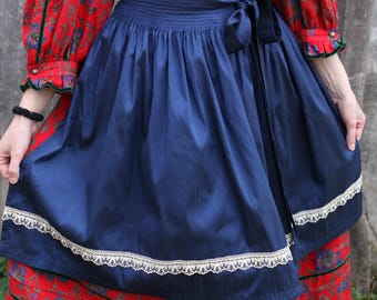 Vintage blue dirndl half apron with lace, boho / cottage core / country, Oktoberfest, XL