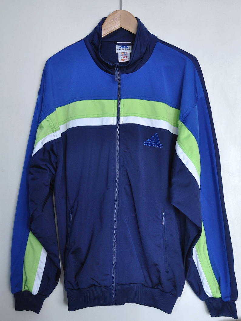 Vintage 90s Adidas Dark Blue and Neon Green Jacket Adidas - Etsy