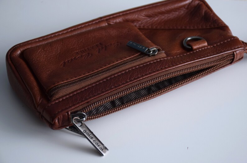 Vintage Y2K leather wristlet bag, cognac brown leather purse, small handbag or wrsitlet wallet zdjęcie 9