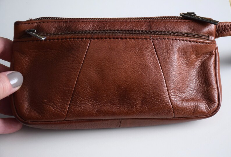 Vintage Y2K leather wristlet bag, cognac brown leather purse, small handbag or wrsitlet wallet zdjęcie 10