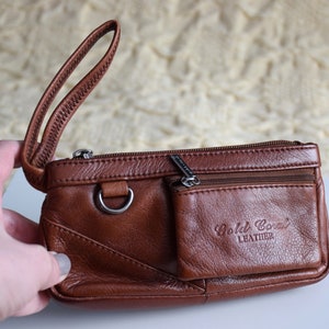 Vintage Y2K leather wristlet bag, cognac brown leather purse, small handbag or wrsitlet wallet zdjęcie 4