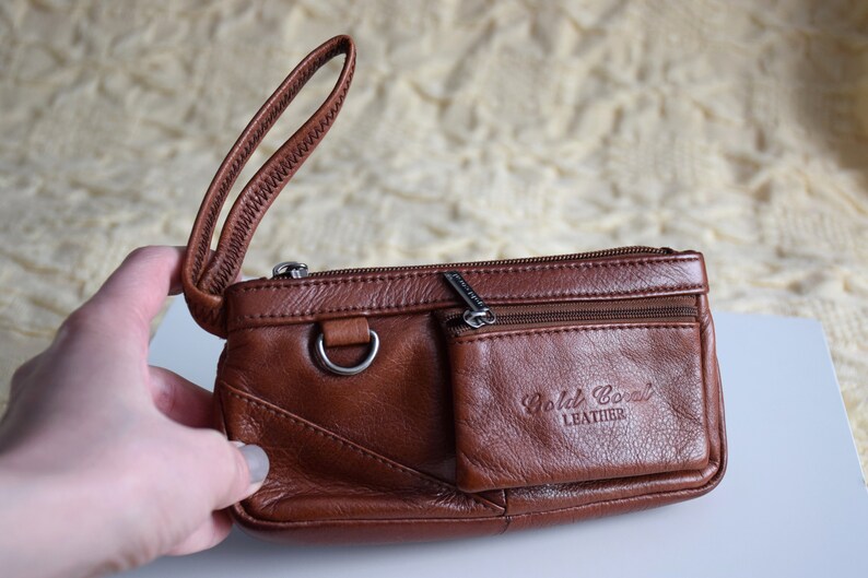 Vintage Y2K leather wristlet bag, cognac brown leather purse, small handbag or wrsitlet wallet zdjęcie 4