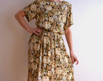 Vintage 80s Floral Dress: Short Sleeve Botanical Summer Dress, Cottage Core, M