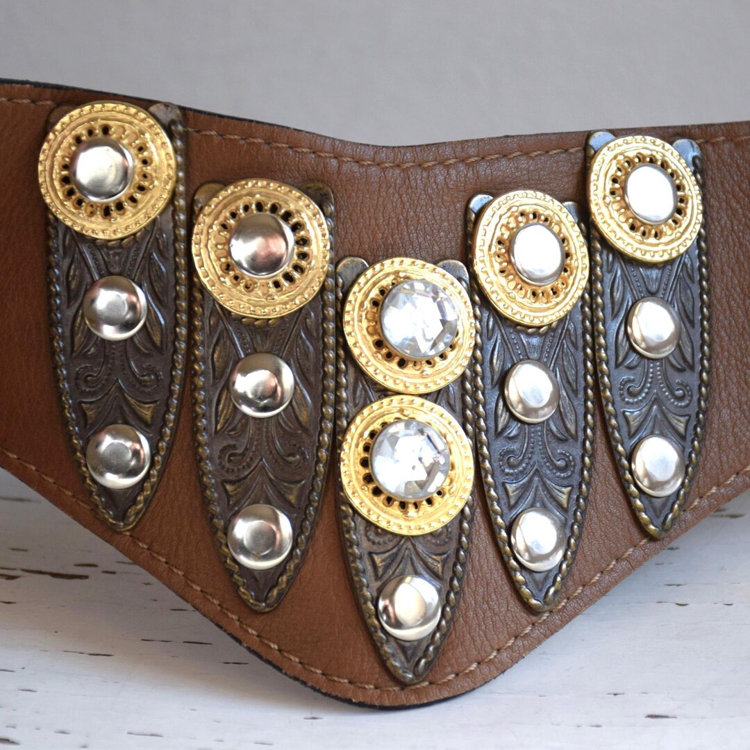 Vintage 90s Brown Leather Rhinestone Belt: Embellished Disco  display picture 1