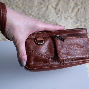 Vintage Y2K leather wristlet bag, cognac brown leather purse, small handbag or wrsitlet wallet zdjęcie 3