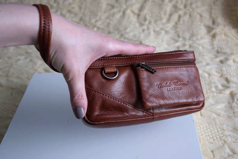 Vintage Y2K leather wristlet bag, cognac brown leather purse, small handbag or wrsitlet wallet zdjęcie 3