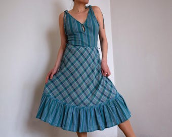 Vintage 1970s Plaid Cotton Sundress: Teal Green Tie-Shoulder Peasant Dress (Size 36 EU)