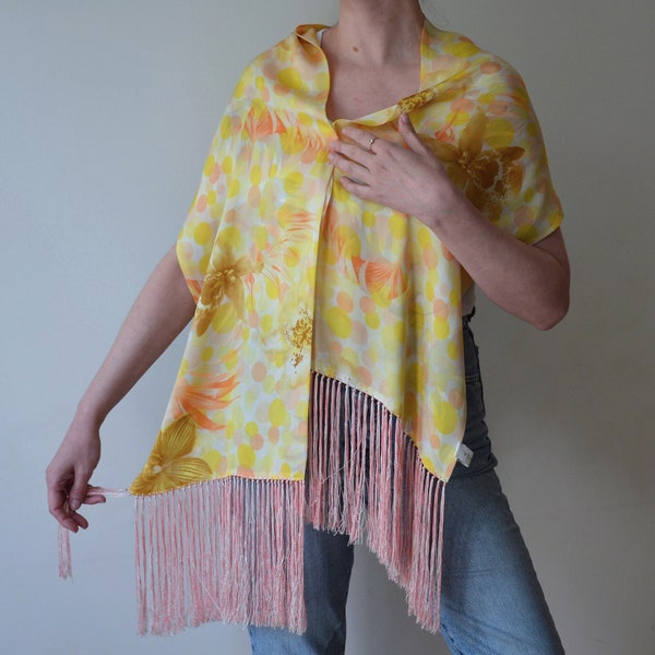 Vintage Y2K ESCADA silk floral scarf, yellow pink and orange fringe silk shawl, flowers and dots print summer scarf, double layered scarf