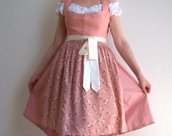 Vintage Peach Pink Dirndl Dress with Floral Apron, German Oktoberfest, 38 EU / 8 US
