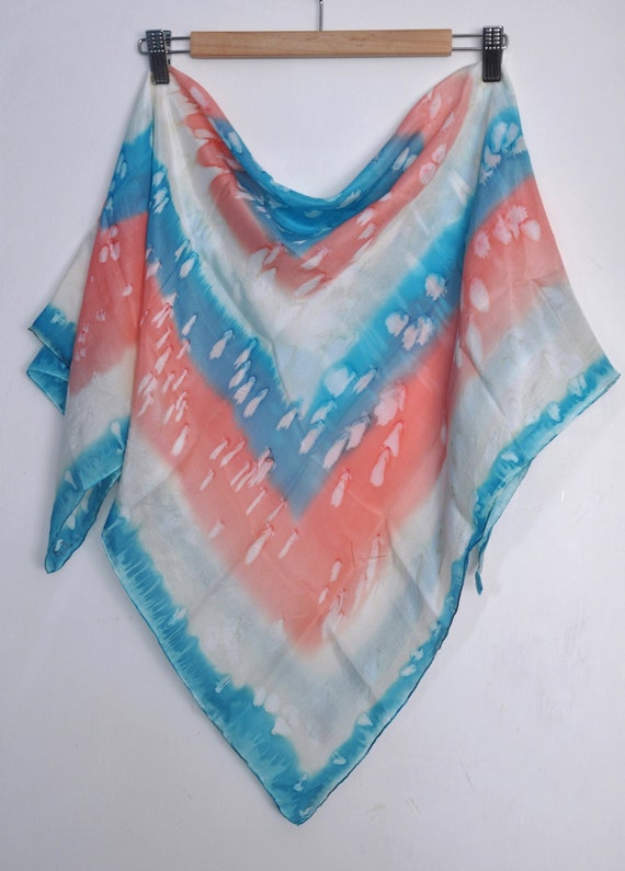 Vintage watercolor silk scarf, blue pink white sil