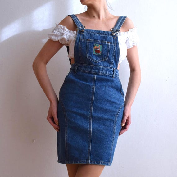 denim jumper dress knee length Vintage 90s Blue Dungaree Short Dress, Pinafore Jean Dress, Country, Grunge, S Color:Confetti Stripe Embroidered Abaya how to style denim overall dress Green Elegant One Shoulder 48 long 100% cotton