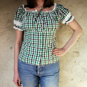 Vintage 90s gingham pattern dirndl blouse, green brown white blouse with puffy sleeves, folk gingham top, cowgirl blouse, peasant blouse, M