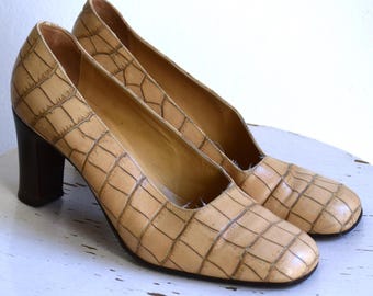 Zapatos vintage MARCCAIN de piel repujada: zapatos de tacón grueso Y2K, talla 40 EU