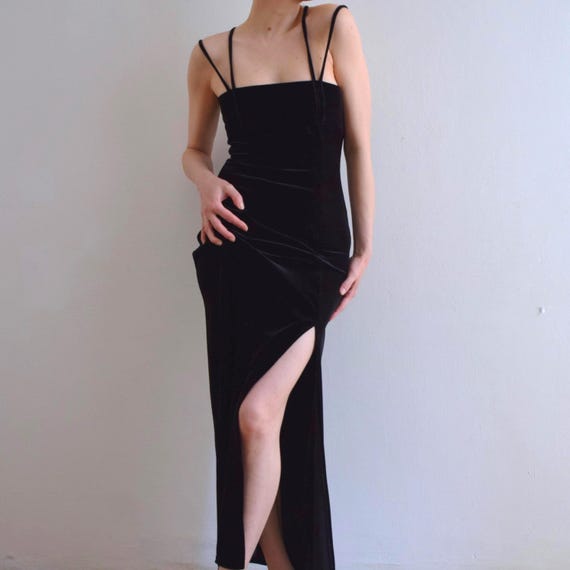 90s Black Velvet Slip Dress, Maxi / Floor-length With a Thigh-high Slit,  Grunge Goth Style, S