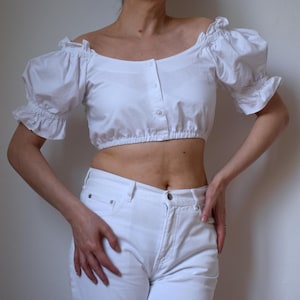 Vintage White Dirndl Crop Top: Cotton Peasant Blouse, Oktoberfest