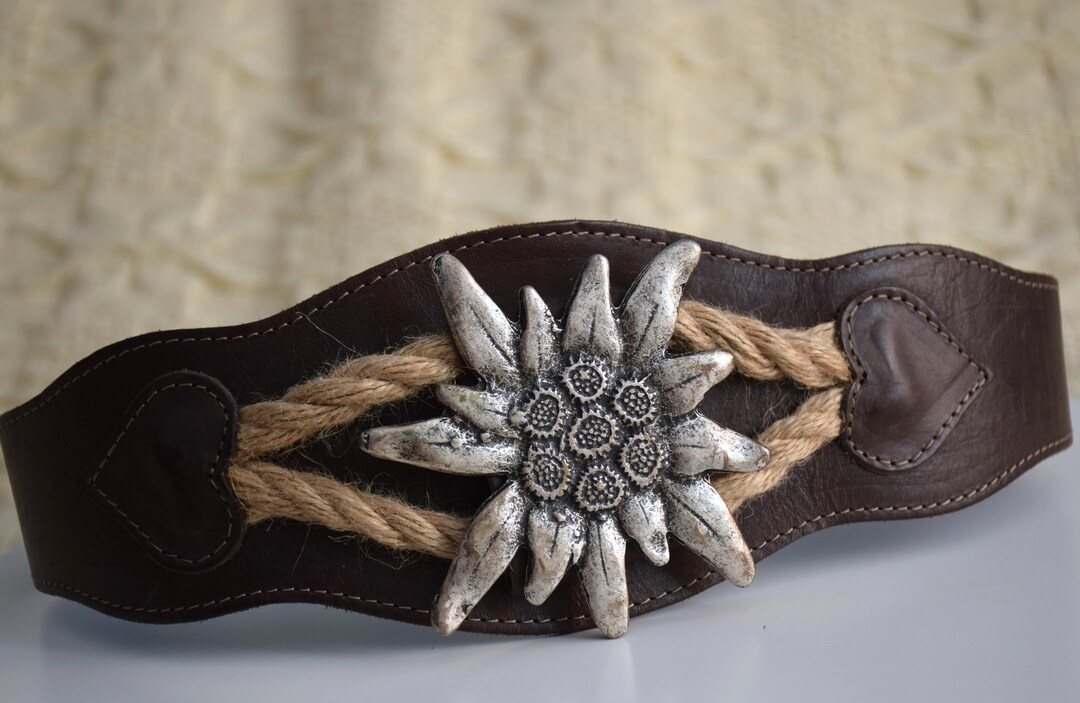 90s Brown Austrian Bavarian Dirndl Metal Heart Corset Style Leather Belt UK 12