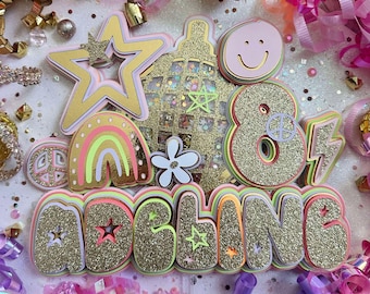 Topper na tort urodzinowy Golden Birthday Era Disco Teen Preppy Aesthetic Smile Doodle