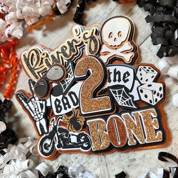 Bad TWO the Bone Motorcycle Born 2 Ride Skull Biker Dude Black Orange Cake Topper