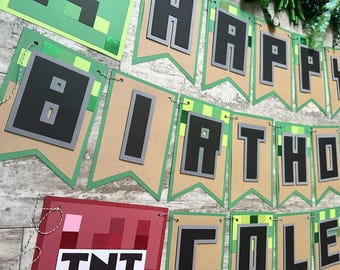 Pixel Party Mine Inspired Creep Craft TNT Birthday Banner