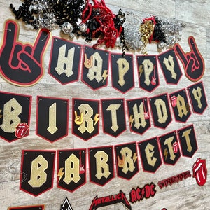 Let&#39;s Rock Music Band Rock N Roll Gold Silver Born to Rock Rockstar Theme Birthday Banner Cake Topper Package