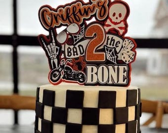 Bad TWO the Bone Motorcycle Born 2 Ride Skull Biker Dude Black Orange Cake Topper